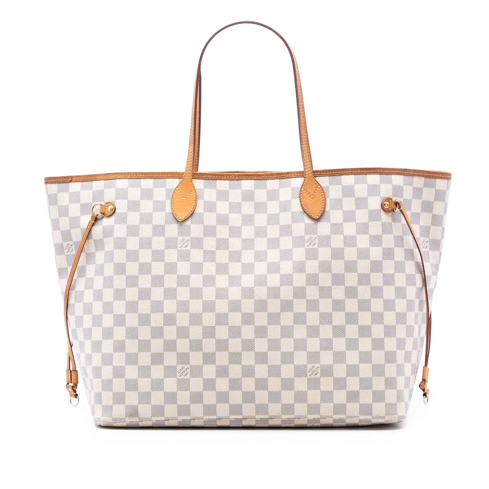 Neverfull GM Tote in Damier Azur Canvas with Vachetta Trim by Louis Vuitton: Neverfull GM Tote in Damier Azur Canvas with Vachetta Trim by Louis Vuitton This Louis Vuitton Damier Azur Neverfull GM features a Damier Azur canvas body with vachetta leather trim, flat vachetta lea