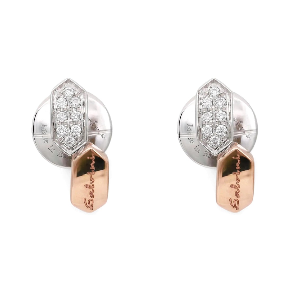 Salvini 18k White and Rose Gold Stud Earrings with 0.20ctw Diamonds: Salvini 18k White and Rose Gold Stud Earrings with 0.20ctw Diamonds These Salvini stud earrings are crafted in 18k white and rose gold, featuring round cut natural diamonds set in a pave style on the 