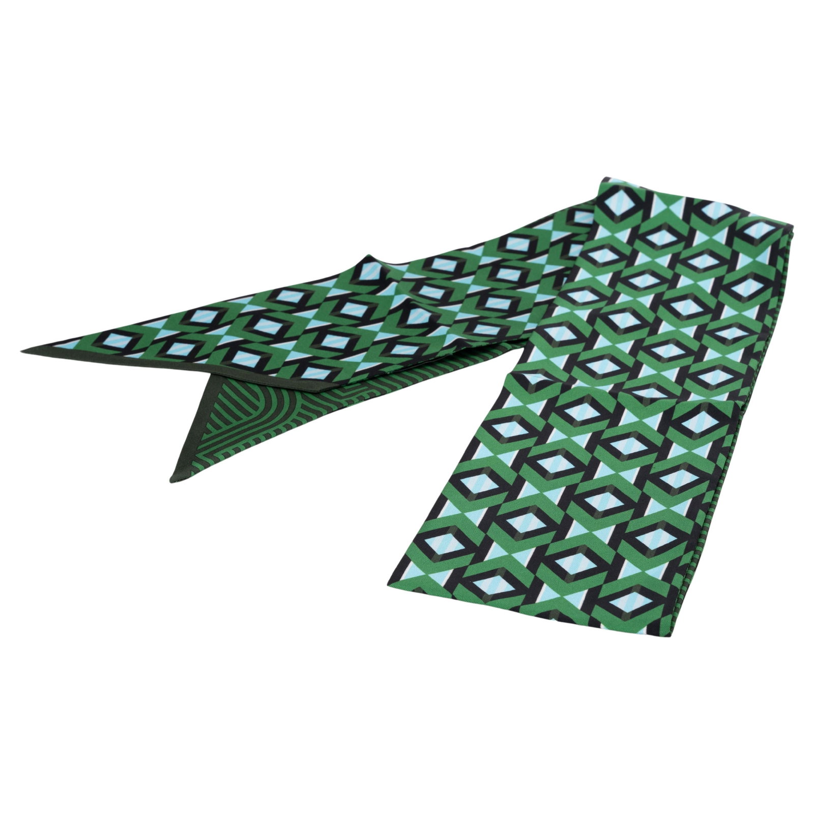 Fendi Green 100% Silk Maxi Twilly Scarf 68 in Reversible Design: Fendi Green 100% Silk Maxi Twilly Scarf 68 in Reversible Design Elevate your accessory collection with this stunning Fendi Green Optical Silk Maxi Twilly. Crafted from 100% silk, this versatile scarf 