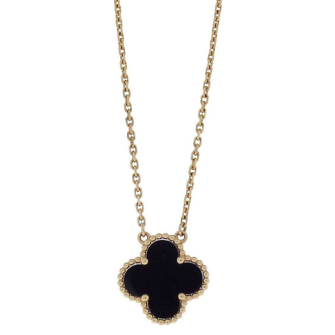 Van Cleef Arpels Alhambra onyx pendant necklace Au750 gold: Van Cleef Arpels Alhambra onyx pendant necklace Au750 gold This Van Cleef & Arpels Vintage Alhambra necklace features a classic charm design crafted from 18k yellow gold (Au750) and adorned with a bla