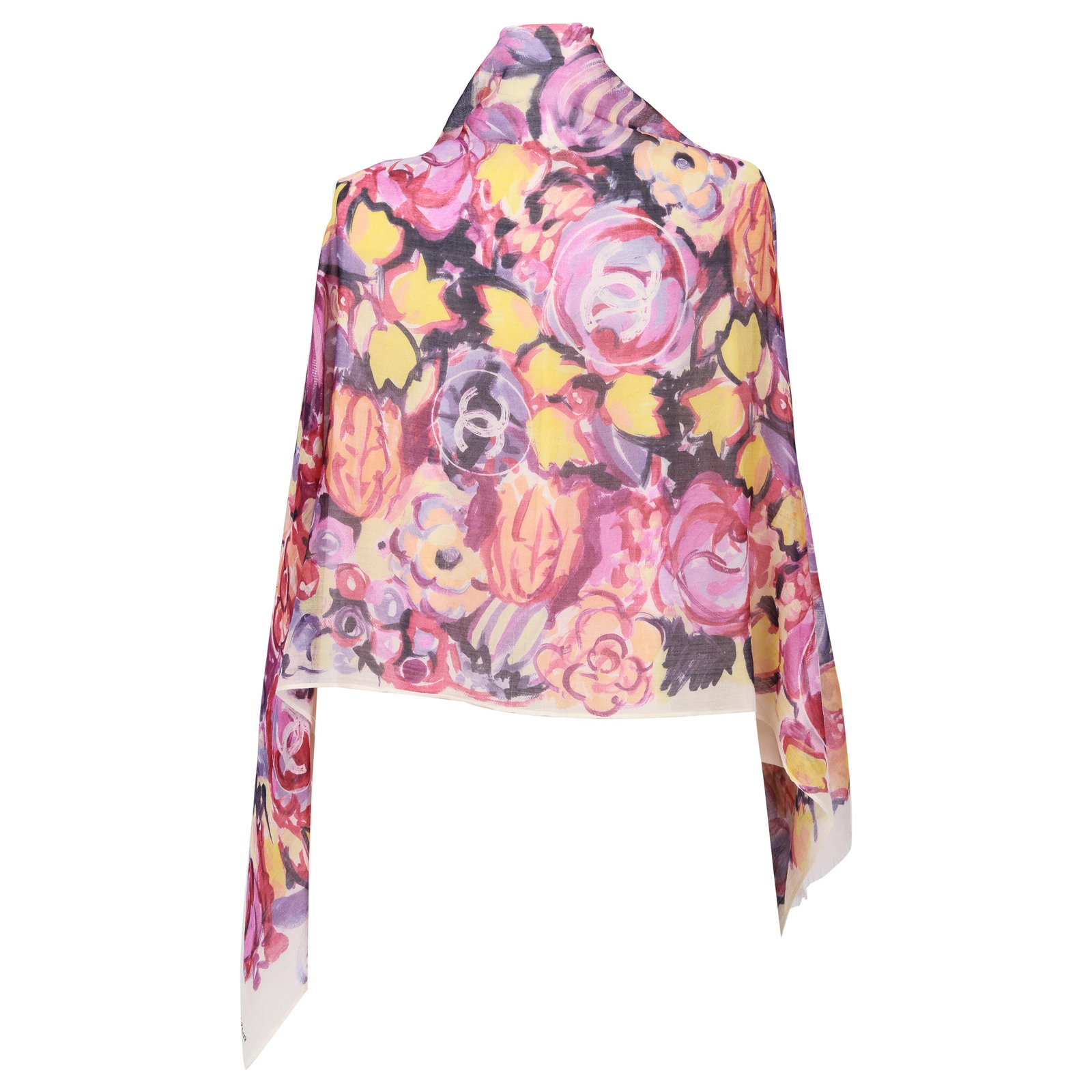 Chanel Multicolor Camellia Cashmere Silk Shawl 54x54 Italy: Chanel Multicolor Camellia Cashmere Silk Shawl 54x54 Italy Elevate your wardrobe with this exquisite Chanel multicolor camellia shawl, crafted from luxurious cashmere and silk. This elegant scarf feat