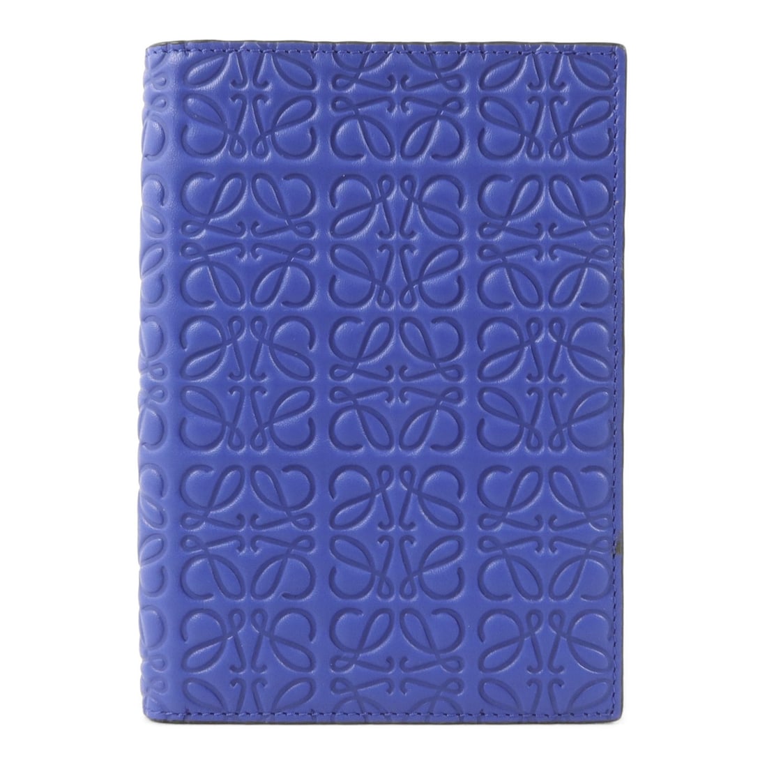 Blue LOEWE calfskin passport case and card holder: Blue LOEWE calfskin passport case and card holder This LOEWE passport and card holder is crafted from blue calfskin leather, offering a stylish and functional accessory for organizing travel documents
