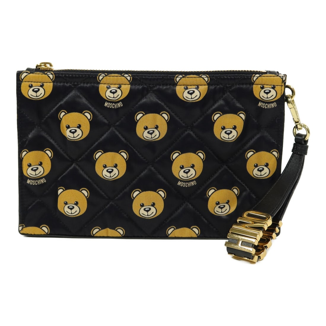 Moschino Bear Silk Black Clutch Bag GHW: Moschino Bear Silk Black Clutch Bag GHW This Moschino Bear Clutch is crafted from black silk and features gold-tone hardware. Designed for women, it offers a compact silhouette with a playful bear mot
