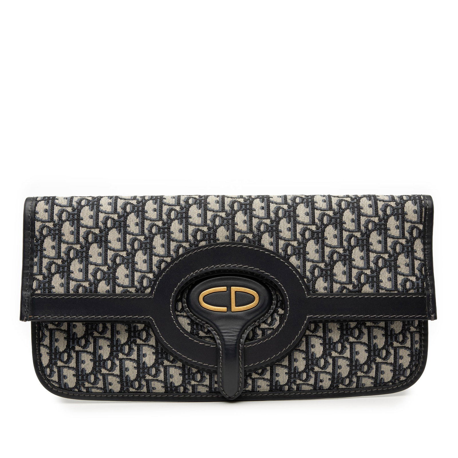 Dior Blue Oblique Canvas Clutch with Leather Trim and Foldover Design: Dior Blue Oblique Canvas Clutch with Leather Trim and Foldover Design This Dior Oblique Canvas Fold Over Clutch features a foldable and expandable canvas body with leather trim, a flat cut-out leather