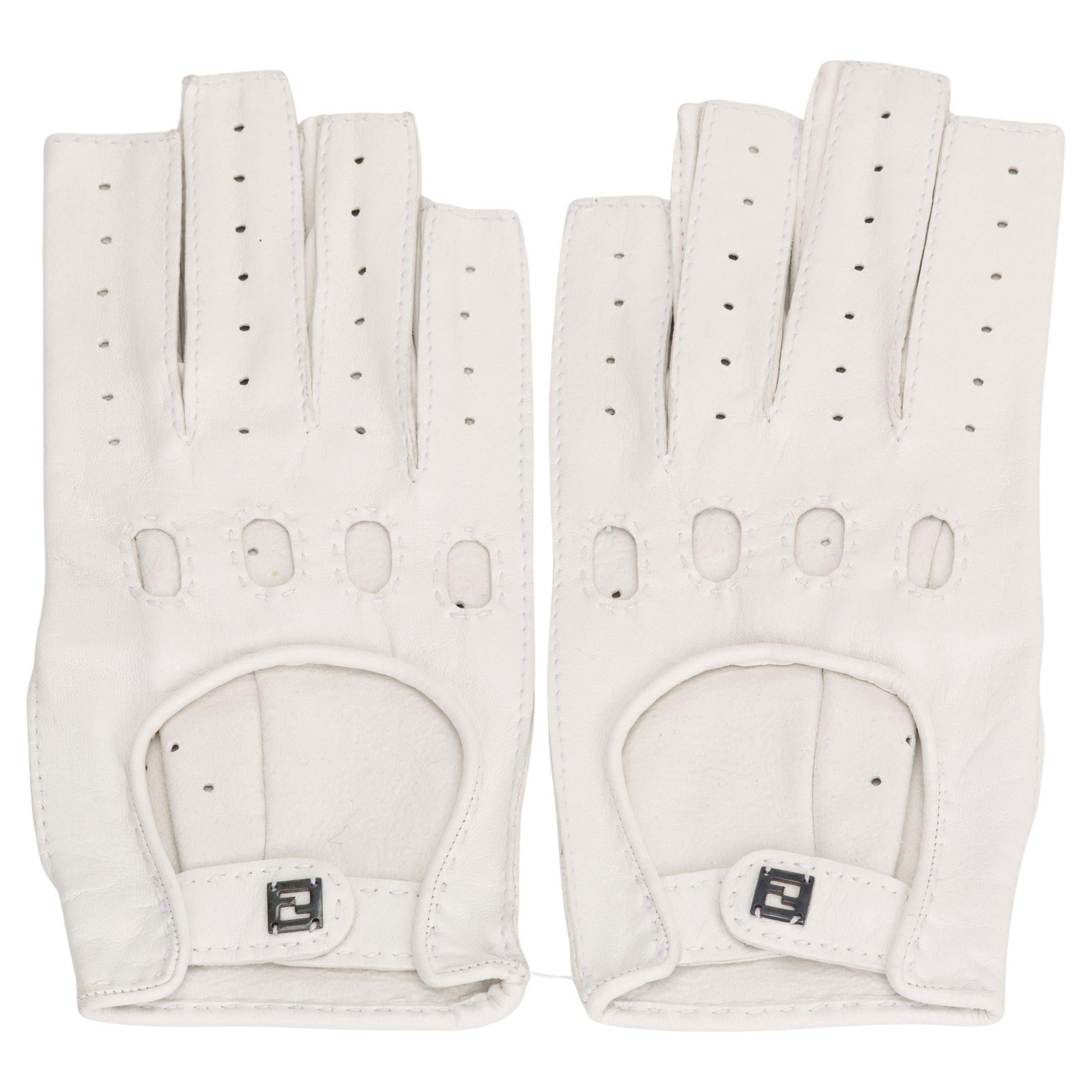 Fendi white perforated leather gloves size 7.5: Fendi white perforated leather gloves size 7.5 These Fendi perforated leather gloves are crafted in smooth, fine white leather and feature a size 7.5 fit. Made in Italy, they showcase a stylish perfor