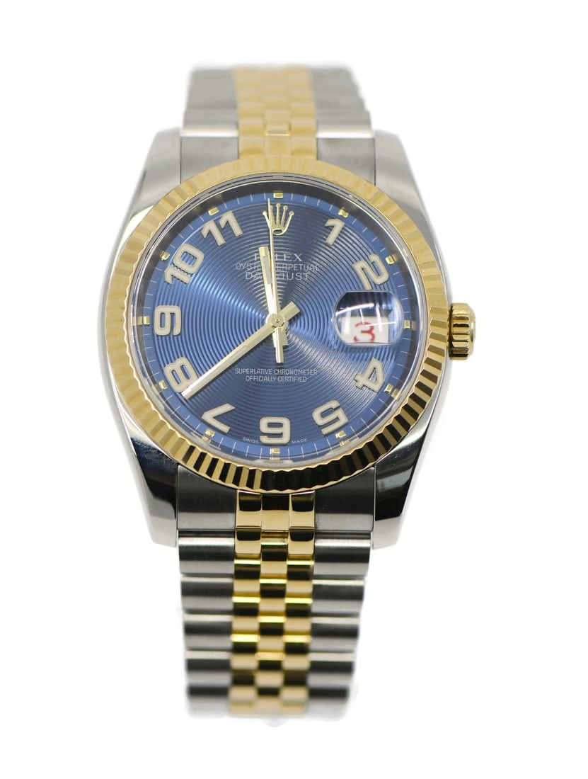 Rolex Datejust 36mm Blue Dial 18K Gold Stainless Steel Ref 116233 with Box: Rolex Datejust 36mm Blue Dial 18K Gold Stainless Steel Ref 116233 with Box This Rolex Datejust wristwatch features a 36mm stainless steel case accented with 18K gold, a blue analog dial, and an automa