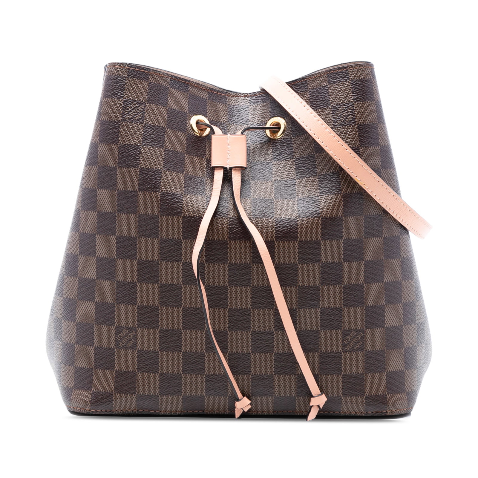 Louis Vuitton Damier Ebene bucket bag NeoNoe MM: Louis Vuitton Damier Ebene bucket bag NeoNoe MM This Louis Vuitton Damier Ebene NeoNoe MM features a durable damier ebene canvas body complemented by a flat leather strap and a drawstring closure. The