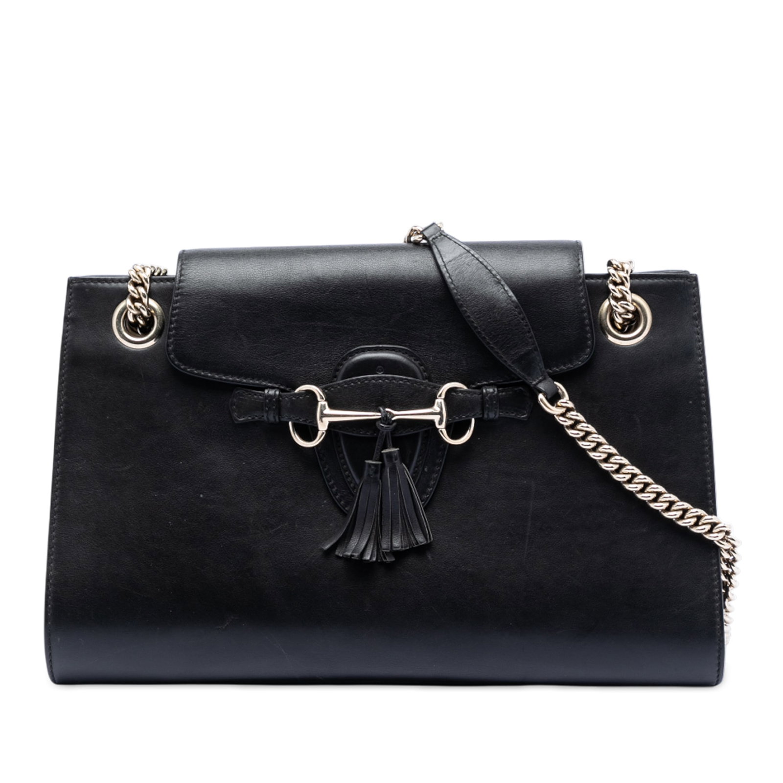 Gucci Emily black leather shoulder bag with chain straps: Gucci Emily black leather shoulder bag with chain straps This Gucci Large Leather Emily Shoulder Bag features a black leather body with chain straps and flat leather shoulder guards. The bag is design