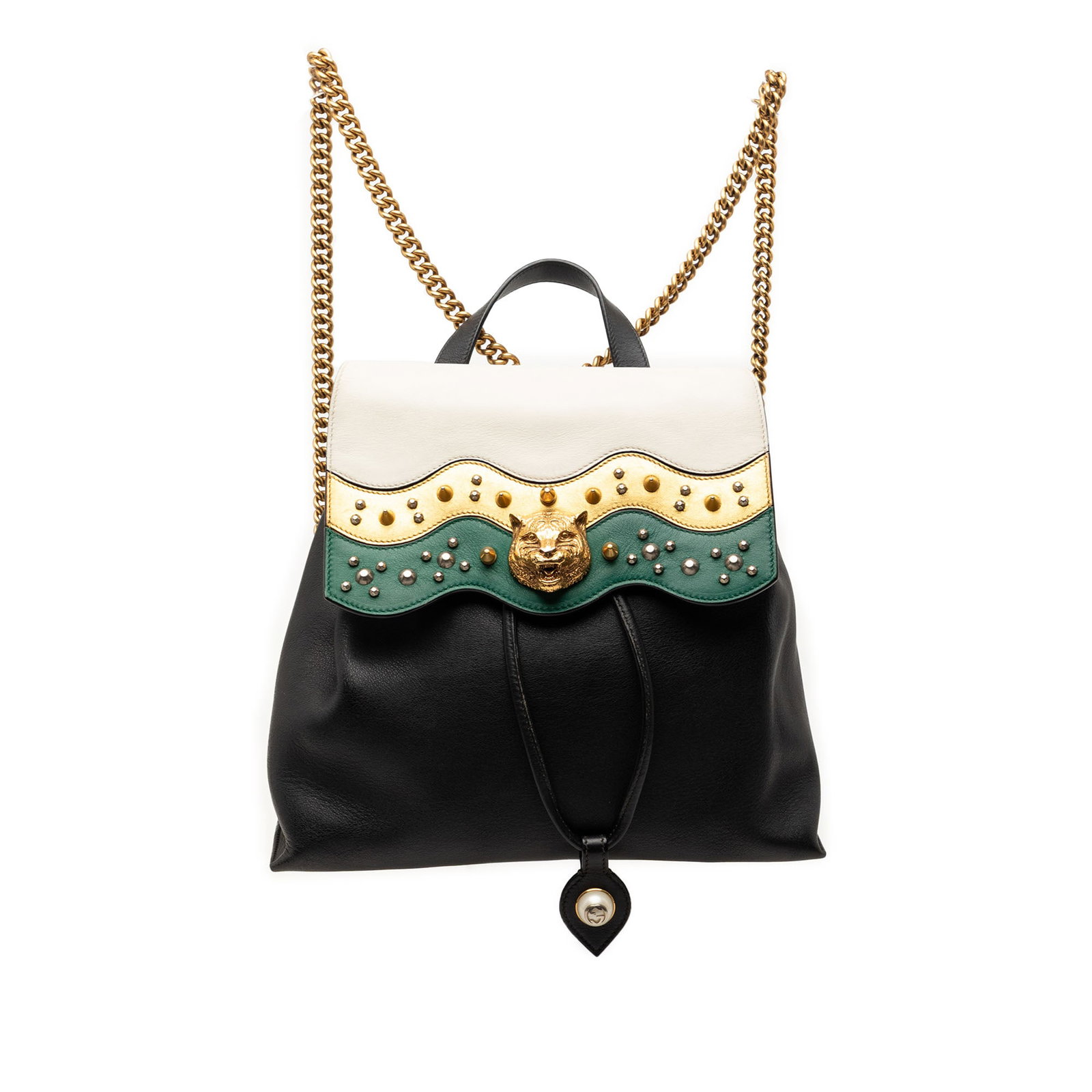 Gucci Animalier Malin black leather backpack with studded tiger head flap: Gucci Animalier Malin black leather backpack with studded tiger head flap This Gucci Leather Studded Animalier Malin Backpack is crafted from black leather and features a flat top handle, chain back s
