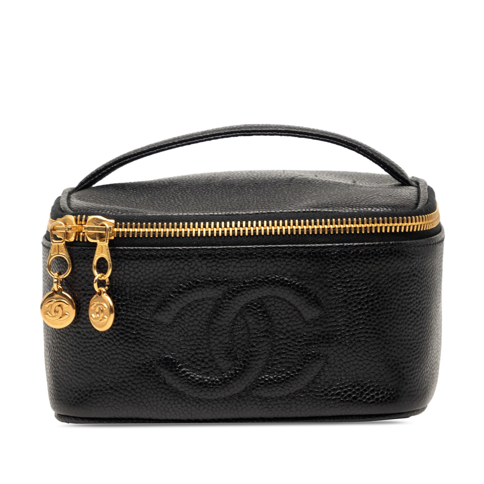 Chanel CC Caviar Vanity Bag Black Leather: Chanel CC Caviar Vanity Bag Black Leather This Chanel CC Caviar Vanity Bag is crafted from durable caviar leather in black and features a structured silhouette with a flat top handle and a zip-around 