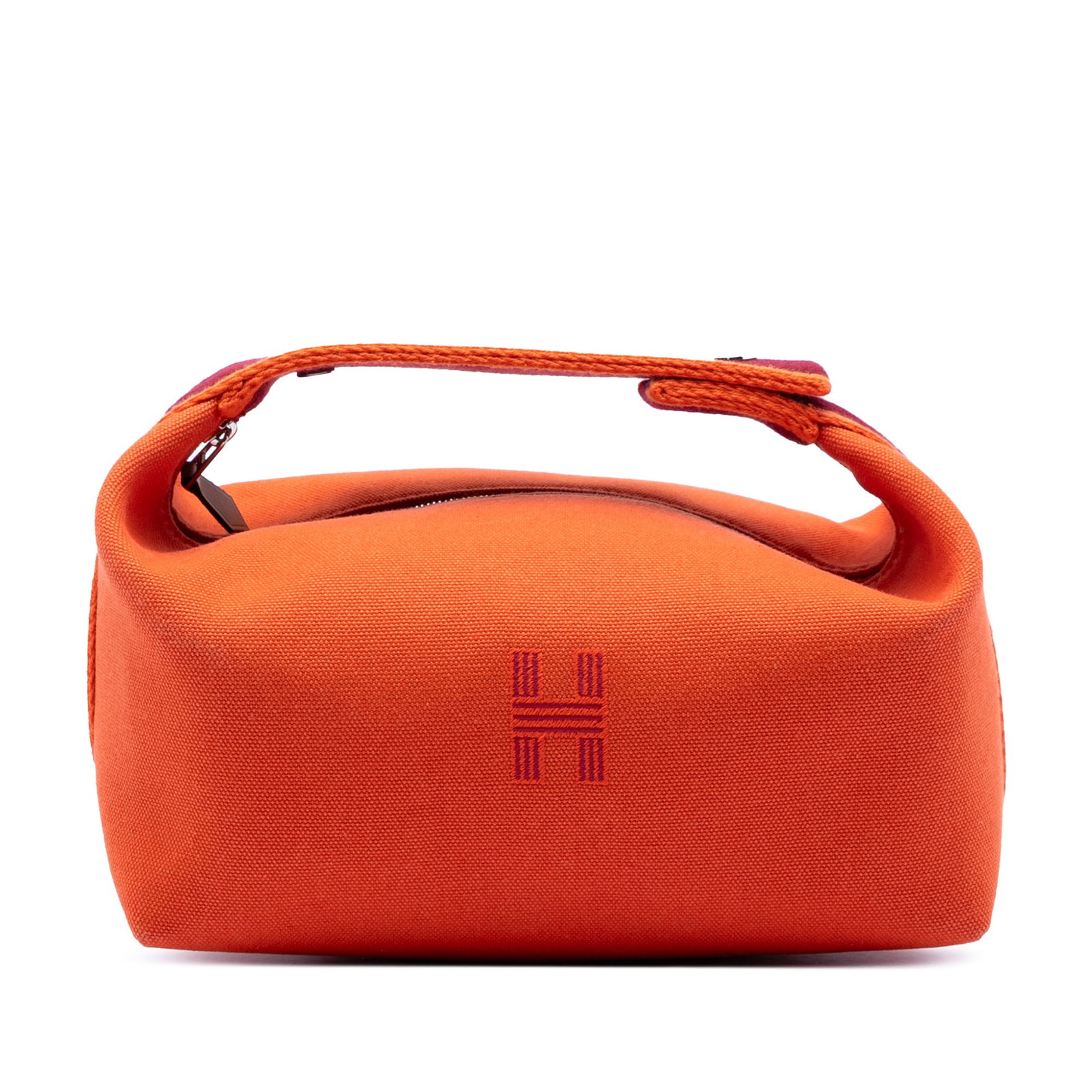 Orange Canvas Bride-A-Brac Pouch by Hermes with Top Zip Closure: Orange Canvas Bride-A-Brac Pouch by Hermes with Top Zip Closure This Hermes Small Toile Bride-A-Brac Case features a durable canvas body in orange, a flat handle, a top zip closure, and interior slip 