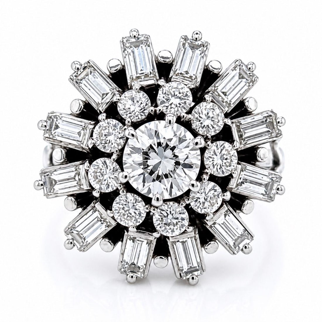 Platinum Diamond Ring With Baguette Accents Art Deco Style Size 6.5: Platinum Diamond Ring With Baguette Accents Art Deco Style Size 6.5 This Art Deco platinum ring features a central diamond of approximately 0.60 carats, complemented by 12 baguette diamonds totaling a