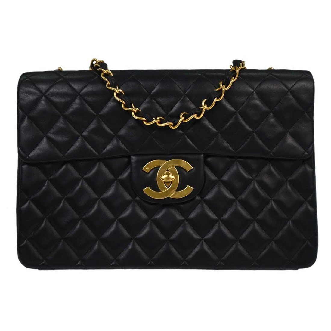 CHANEL Classic Flap Black Lambskin Shoulder Bag: CHANEL Classic Flap Black Lambskin Shoulder Bag This Chanel Maxi Classic Flap Shoulder Bag is crafted from black lambskin leather with a signature matelasse quilted pattern. It features a large silhou