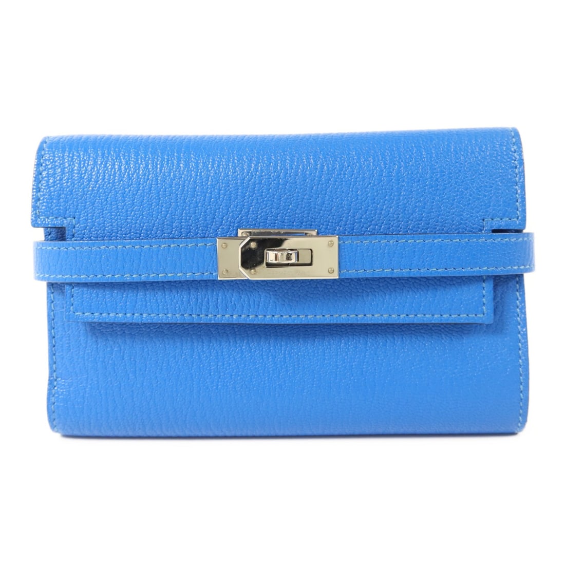 Hermes Kelly Bleu Electrique Chevre Leather Trifold Wallet with Palladium Hardware: Hermes Kelly Bleu Electrique Chevre Leather Trifold Wallet with Palladium Hardware This Hermes Kelly short trifold wallet is crafted from luxurious chevre (goatskin) leather in a striking blue color. 