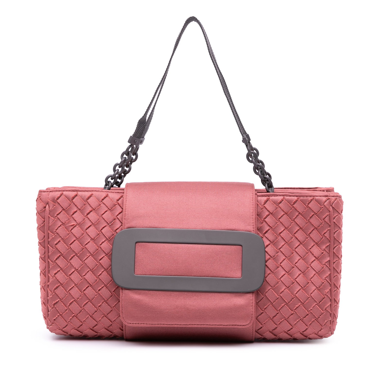 Bottega Veneta Pink Canvas Intrecciato Buckle Flap Handbag: Bottega Veneta Pink Canvas Intrecciato Buckle Flap Handbag This stylish Bottega Veneta handbag showcases a beautifully woven canvas body in a charming pink color. It features elegant chain link straps