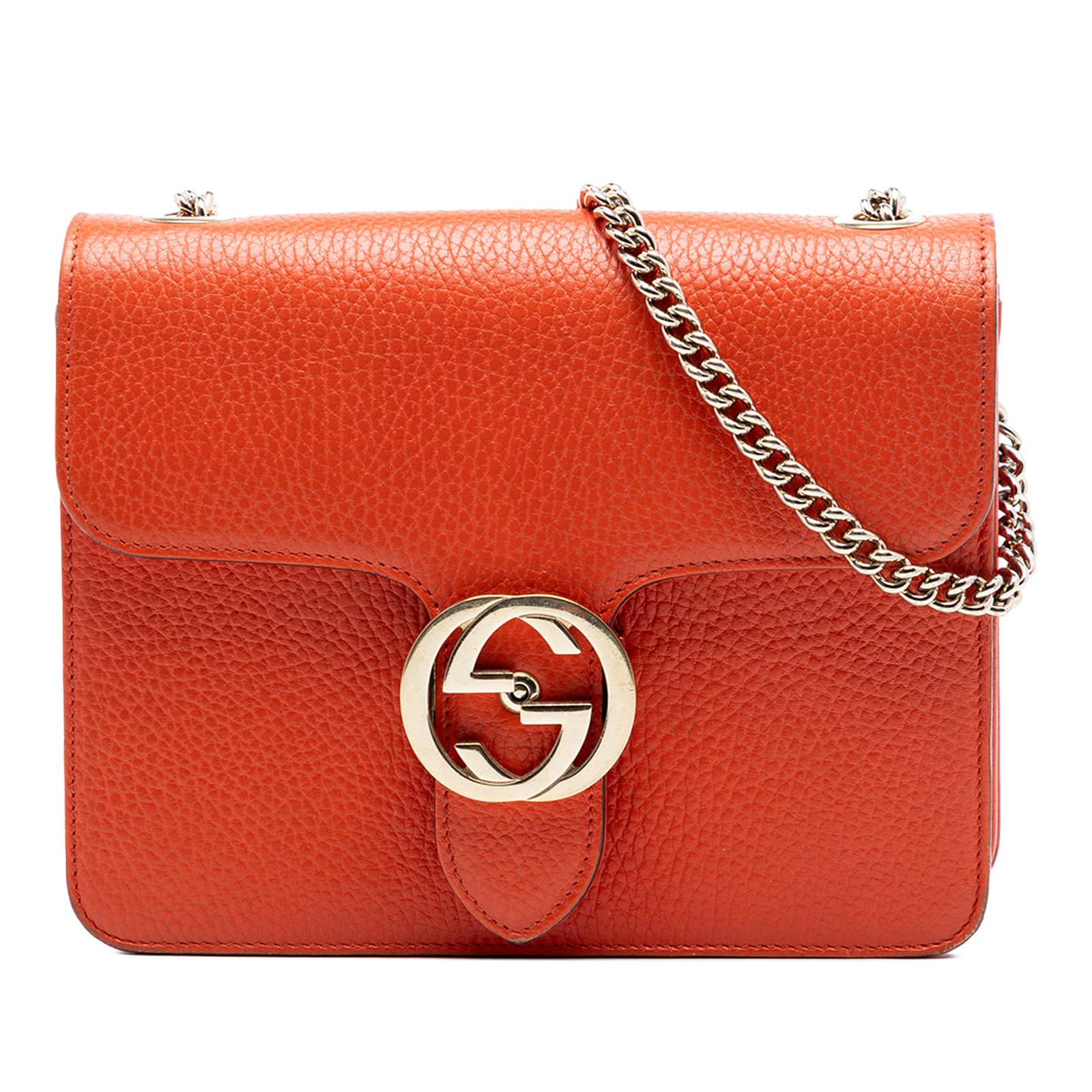 Gucci orange leather Interlocking G flap crossbody bag: Gucci orange leather Interlocking G flap crossbody bag This Gucci Small Dollar Calfskin Interlocking G Crossbody bag is crafted from orange leather and features a chain-link shoulder strap with a leat