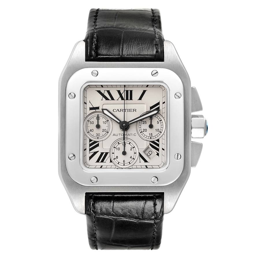 Santos 100 XL Chronograph Watch Silver Roman Dial Ref 2740 on Leather: Santos 100 XL Chronograph Watch Silver Roman Dial Ref 2740 on Leather This Cartier Santos 100 XL watch features a silver Roman chronograph dial and a fixed bezel. It is presented on a leather strap an