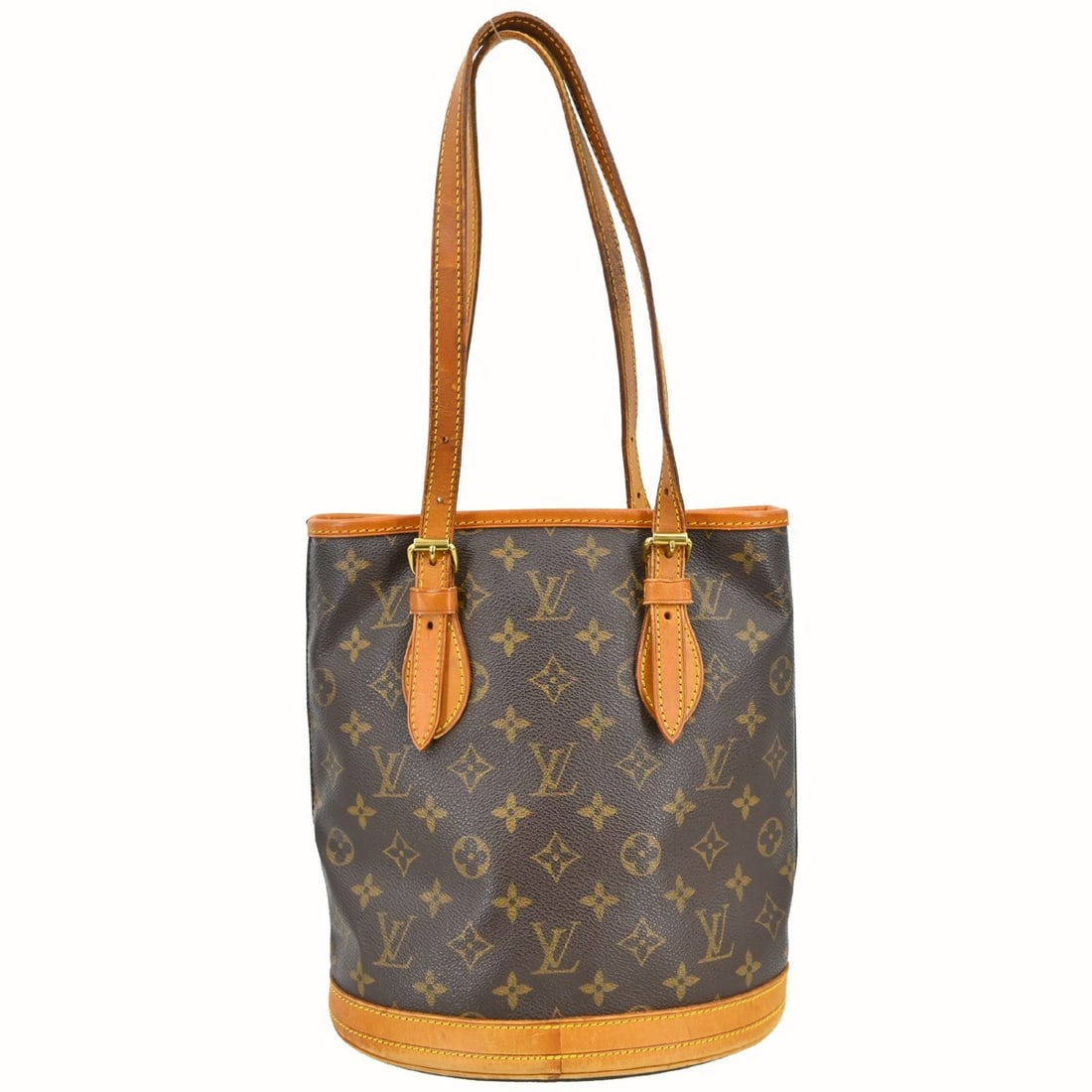 Louis Vuitton Petite Bucket Monogram Canvas Tote Bag: Louis Vuitton Petite Bucket Monogram Canvas Tote Bag This Louis Vuitton Monogram Bucket PM Tote Bag features the iconic monogram canvas exterior with brown leather shoulder straps and a beige leather 