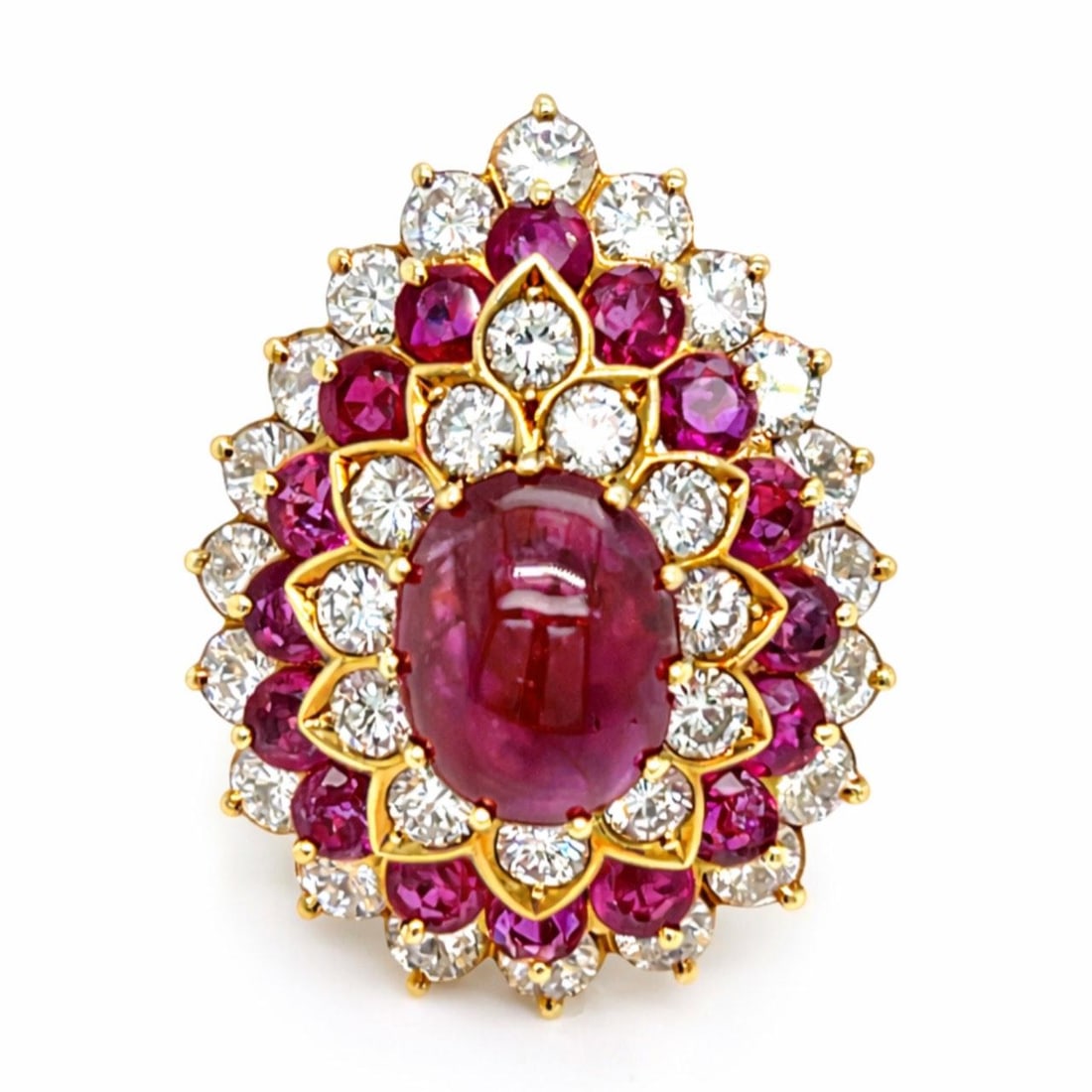 11.1g 18K Gold Ring with Burma Rubies and 2.40ct Diamonds Size 7: 11.1g 18K Gold Ring with Burma Rubies and 2.40ct Diamonds Size 7 This 18K yellow gold ring features a central Burma ruby of approximately 3.00 carats, surrounded by 16 Burma rubies with a total weight