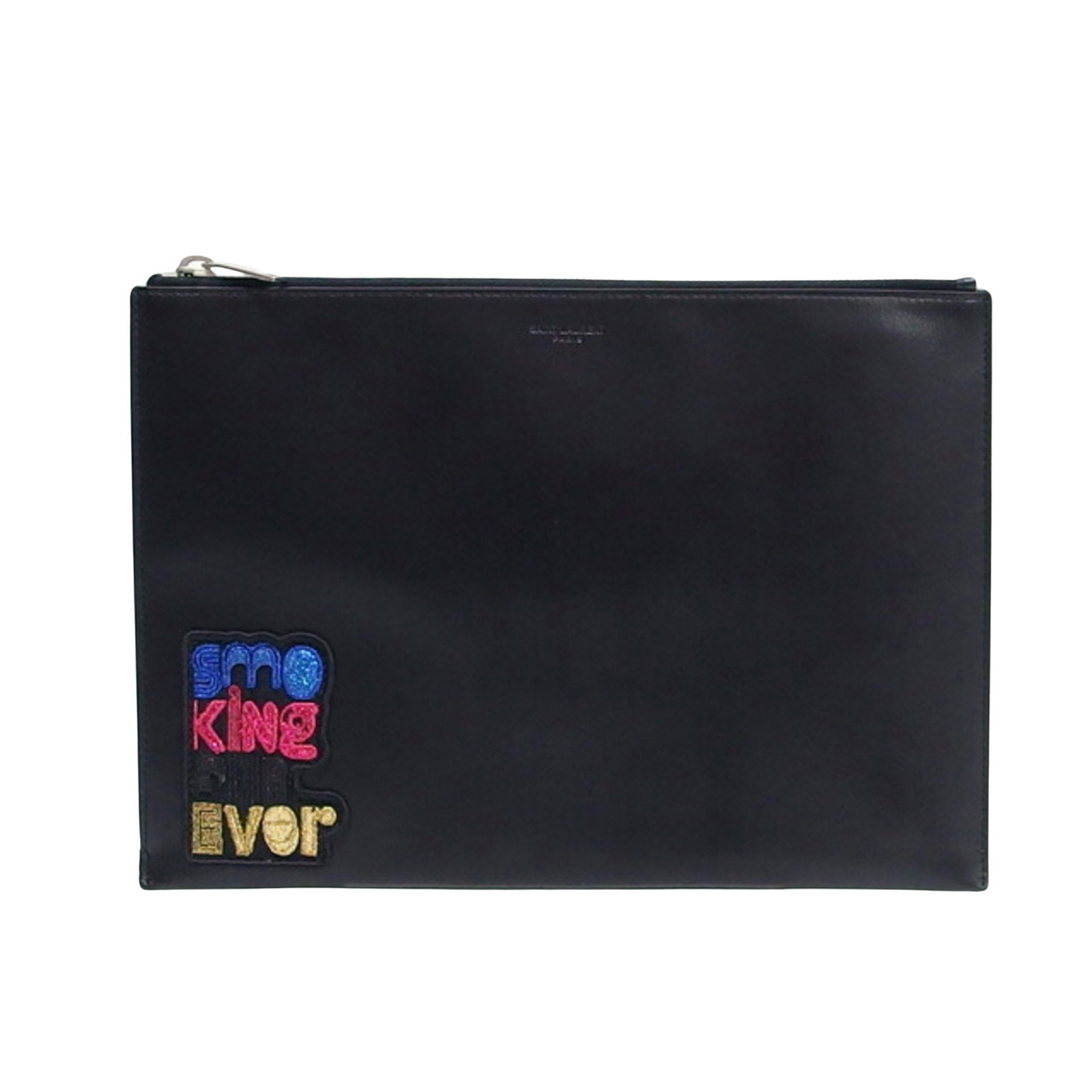Black Leather Zip Clutch Bag by Saint Laurent: Black Leather Zip Clutch Bag by Saint Laurent This Saint Laurent Zip Pouch is crafted from black leather, designed for unisex use. The pouch features a zip closure and is pre-owned in very good condit