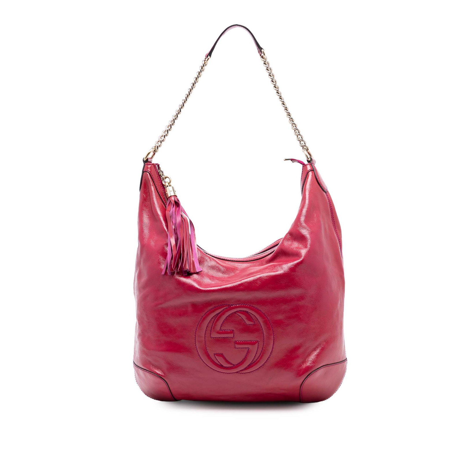 Red Gucci Soho Patent Leather Shoulder Bag with Chain Strap: Red Gucci Soho Patent Leather Shoulder Bag with Chain Strap This Gucci Patent Soho Shoulder Bag features a glossy patent leather body in red with a distinctive tassel detail. It is designed with a cha