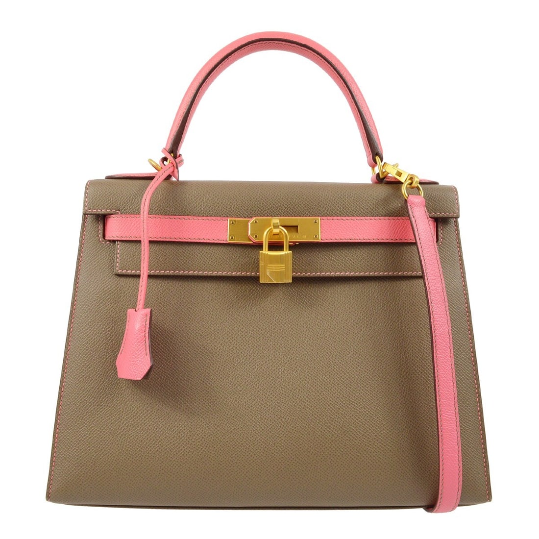 Hermes Kelly 28 Epsom Gray Pink 2way Handbag with Gold Hardware: Hermes Kelly 28 Epsom Gray Pink 2way Handbag with Gold Hardware This exquisite Hermes Kelly 28 handbag features a sophisticated combination of gray Epsom exterior material and a stylish pink handle. D