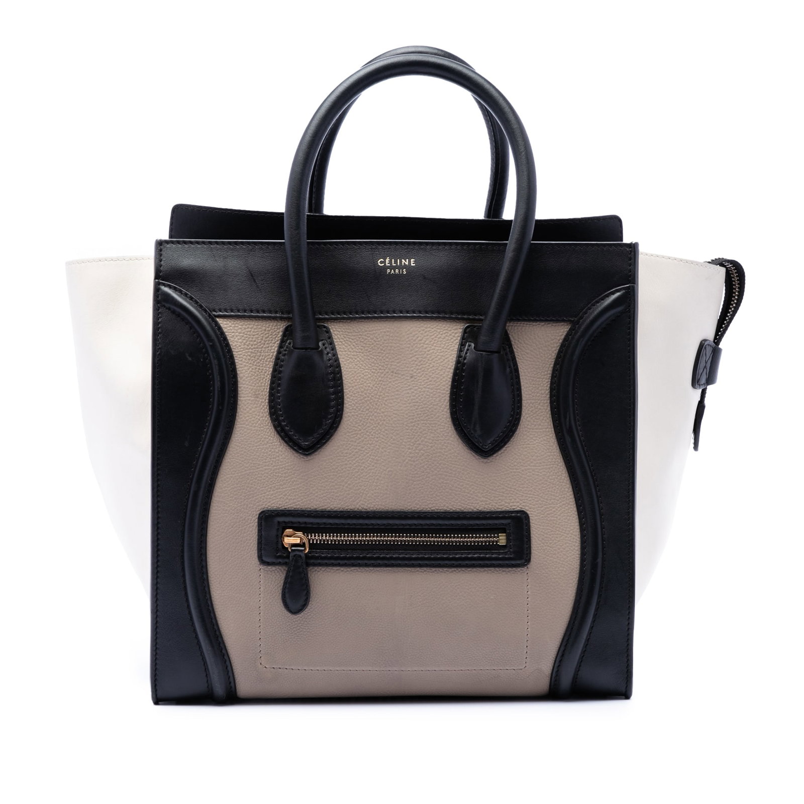 Celine Mini Luggage Tote Tricolor Leather Beige: Celine Mini Luggage Tote Tricolor Leather Beige This Celine Mini Tricolor Leather Luggage Tote is crafted from high-quality leather in a stylish tricolor design. It features rolled leather handles, a 