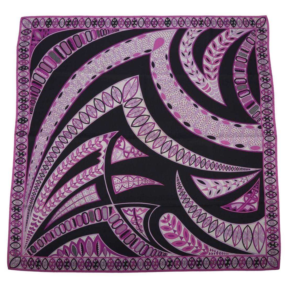 Emilio Pucci Silk Square Scarf With Purple and Black Abstract Pattern: Emilio Pucci Silk Square Scarf With Purple and Black Abstract Pattern This Emilio Pucci silk scarf showcases an abstract, tribal, or Hawaiian-inspired swirling leaf and geometric pattern in vibrant sh