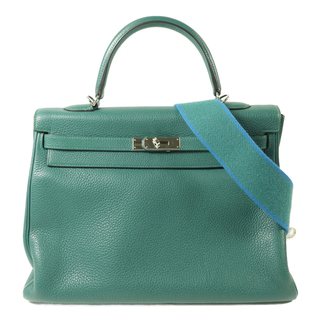 Hermes Kelly 35 Clemence Leather Green 2way Shoulder Bag PHW: Hermes Kelly 35 Clemence Leather Green 2way Shoulder Bag PHW This Hermes Kelly 35 2-way shoulder bag is crafted from Clemence calfskin leather in a striking green hue. Designed for versatility, it can