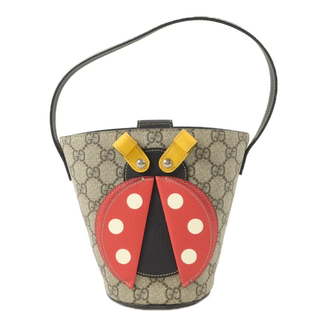 Gucci LadyBug Kids Brown PVC Coated Canvas Shoulder Bag: Gucci LadyBug Kids Brown PVC Coated Canvas Shoulder Bag This Gucci GG LadyBug bucket shoulder bag is crafted from durable brown PVC coated canvas, designed specifically for children. The bag features 