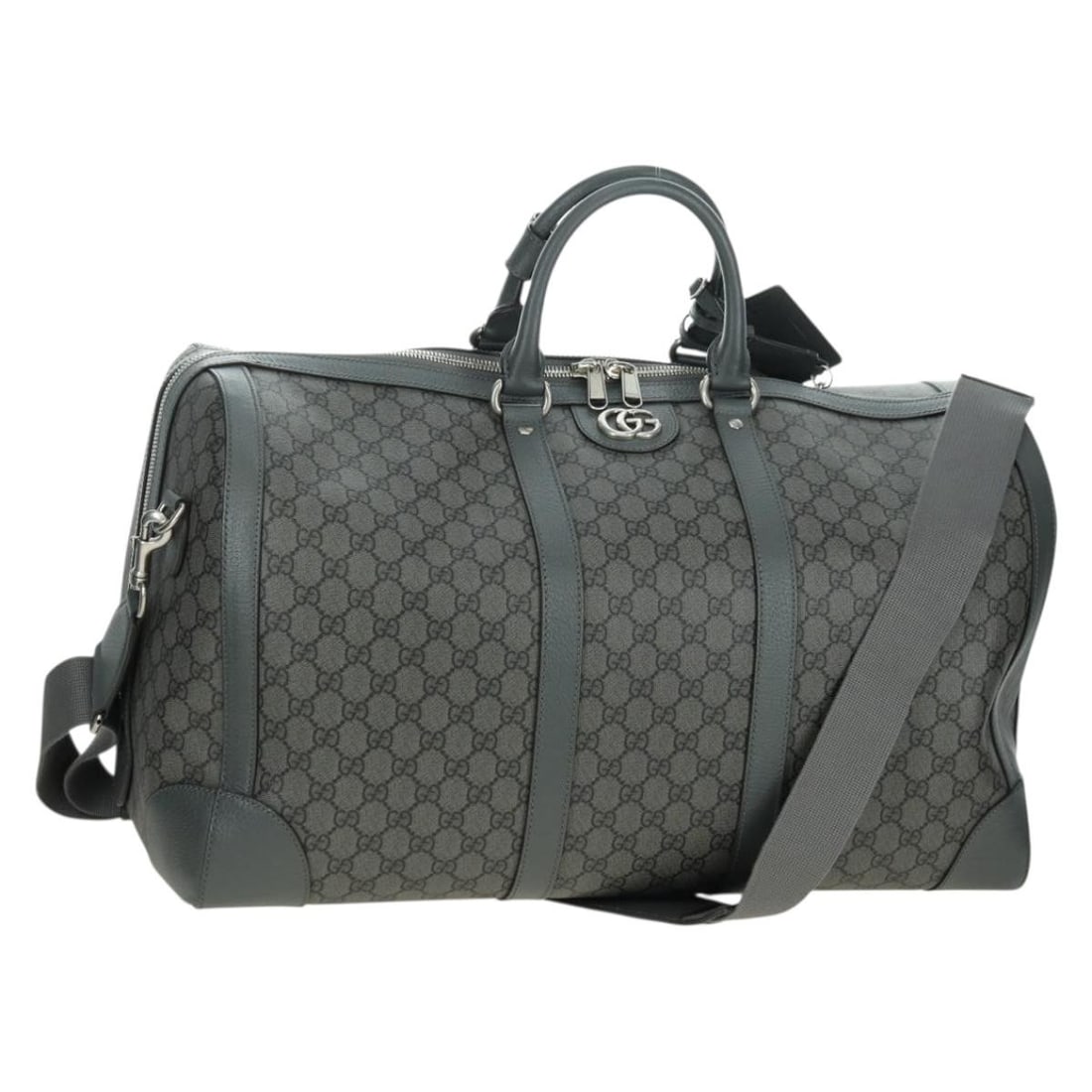 Gucci Web Trim PVC Weekend Duffle Bag Gray: Gucci Web Trim PVC Weekend Duffle Bag Gray This Gucci Web Trim Weekend Duffle Bag is crafted from durable gray PVC and features the iconic GG coated canvas design. Designed for unisex use, this bag of