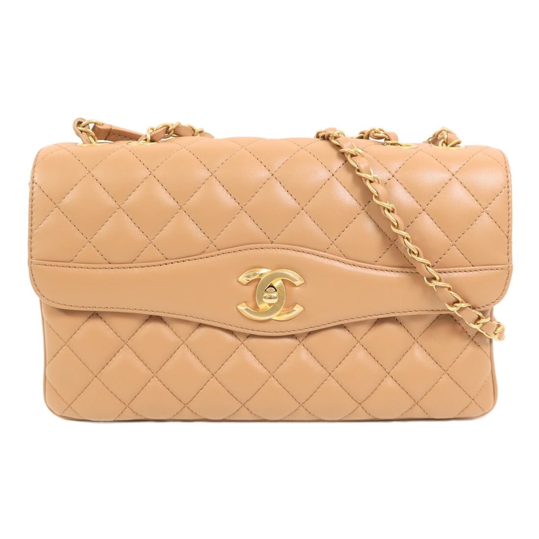 Beige CHANEL Lambskin CC GHW Shoulder Bag: Beige CHANEL Lambskin CC GHW Shoulder Bag This CHANEL shoulder bag features a classic CC design and is crafted from luxurious beige lambskin leather. The bag is designed for women and offers a timeles