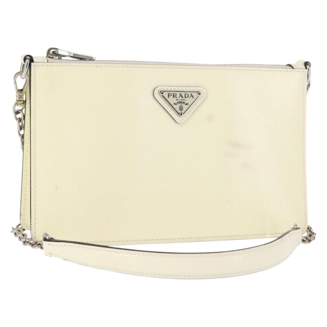 Prada Vernice Saffiano Leather White Chain Crossbody Bag: Prada Vernice Saffiano Leather White Chain Crossbody Bag This Prada Chain Crossbody Bag Vernice is crafted from white Saffiano leather and designed for women. The bag features a chain shoulder strap a