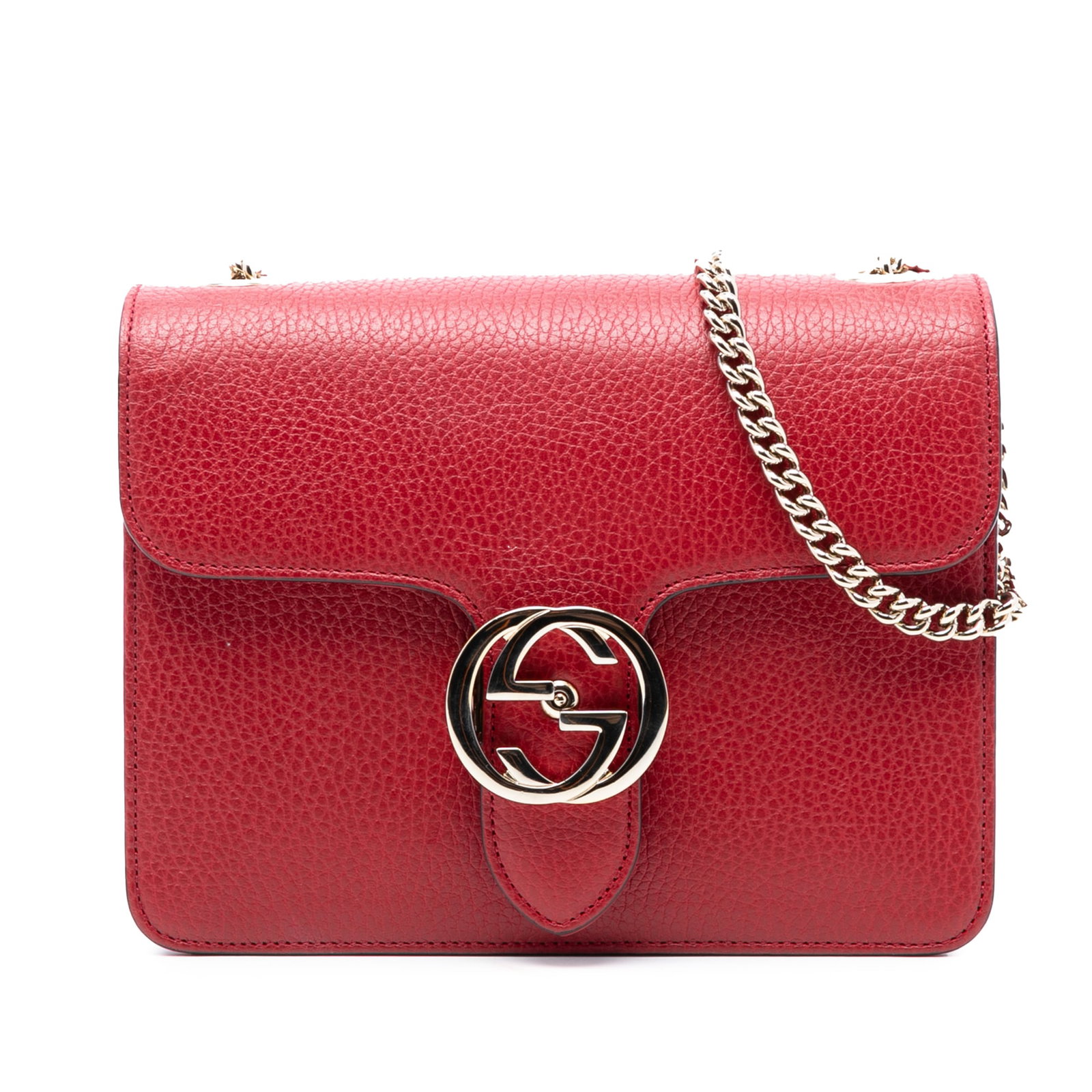 Gucci Interlocking G Red Leather Small Crossbody Bag with Chain Strap: Gucci Interlocking G Red Leather Small Crossbody Bag with Chain Strap This Gucci Small Dollar Calfskin Interlocking G Crossbody bag is crafted from red leather and features a chain-link shoulder strap