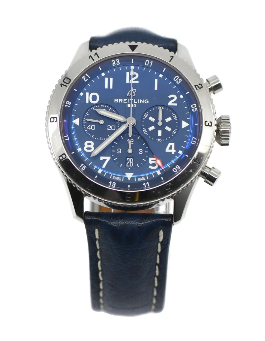 Super AVI Blue Leather Chronograph Automatic Watch AB0445 with Box and Papers: Super AVI Blue Leather Chronograph Automatic Watch AB0445 with Box and Papers The Breitling Super AVI Chronograph is a men's wristwatch featuring a mechanical automatic movement. It has a stainless st