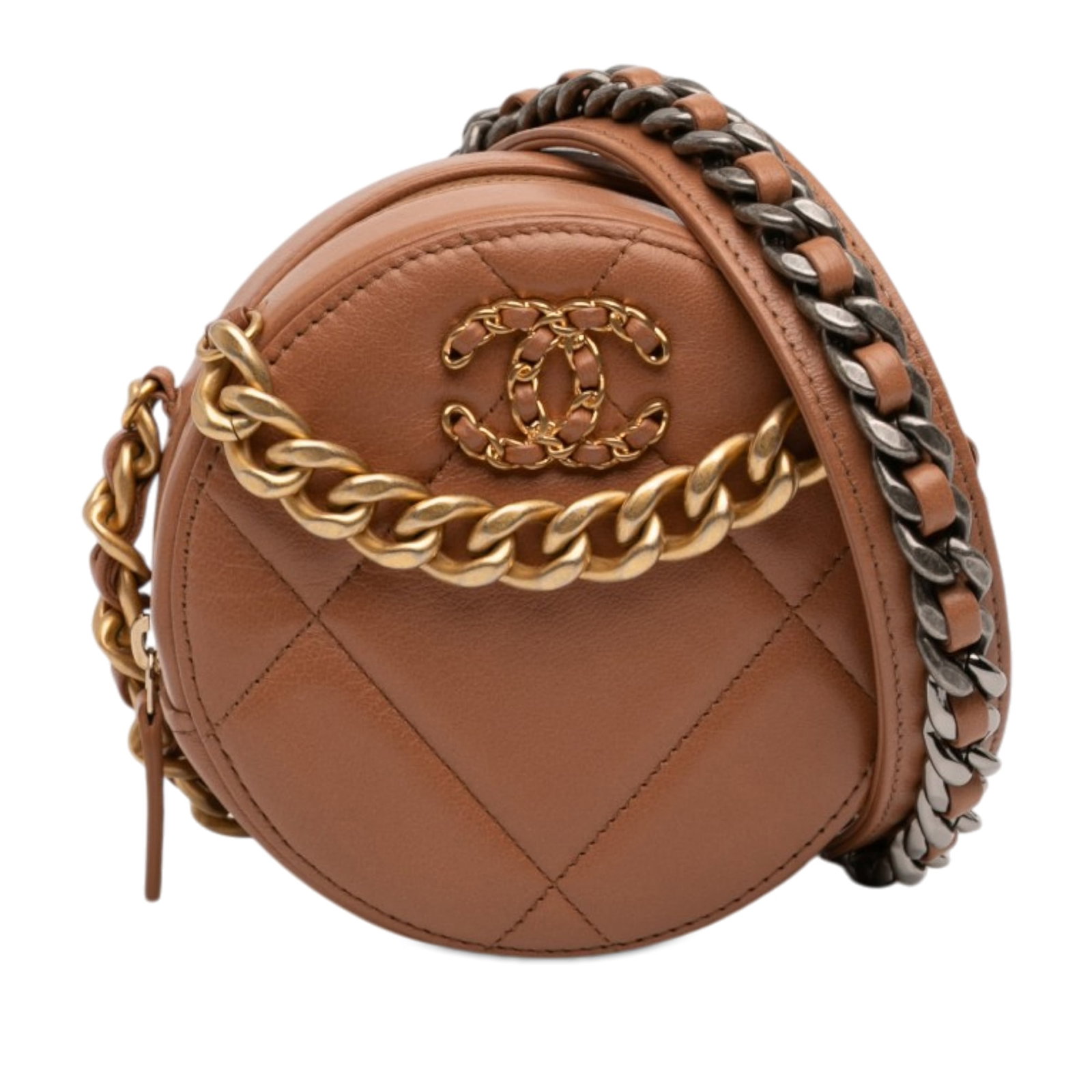 Chanel Quilted Leather Mini Round 19 Clutch Bag with Strap: Chanel Quilted Leather Mini Round 19 Clutch Bag with Strap This Chanel Mini Round 19 Clutch with Strap is crafted from quilted brown leather and features a chain link handle, a leather-woven chain lin