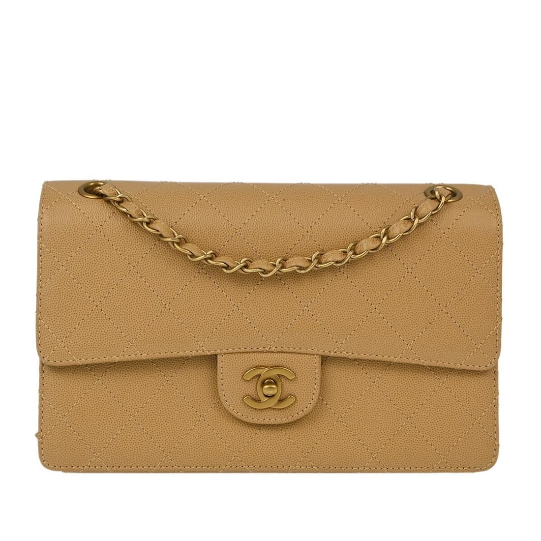 CHANEL Classic Single Flap Beige Caviar Shoulder Bag Medium: CHANEL Classic Single Flap Beige Caviar Shoulder Bag Medium This Chanel Medium Classic Single Flap Shoulder Bag is crafted from beige caviar skin with a matching beige lambskin lining. The bag feature