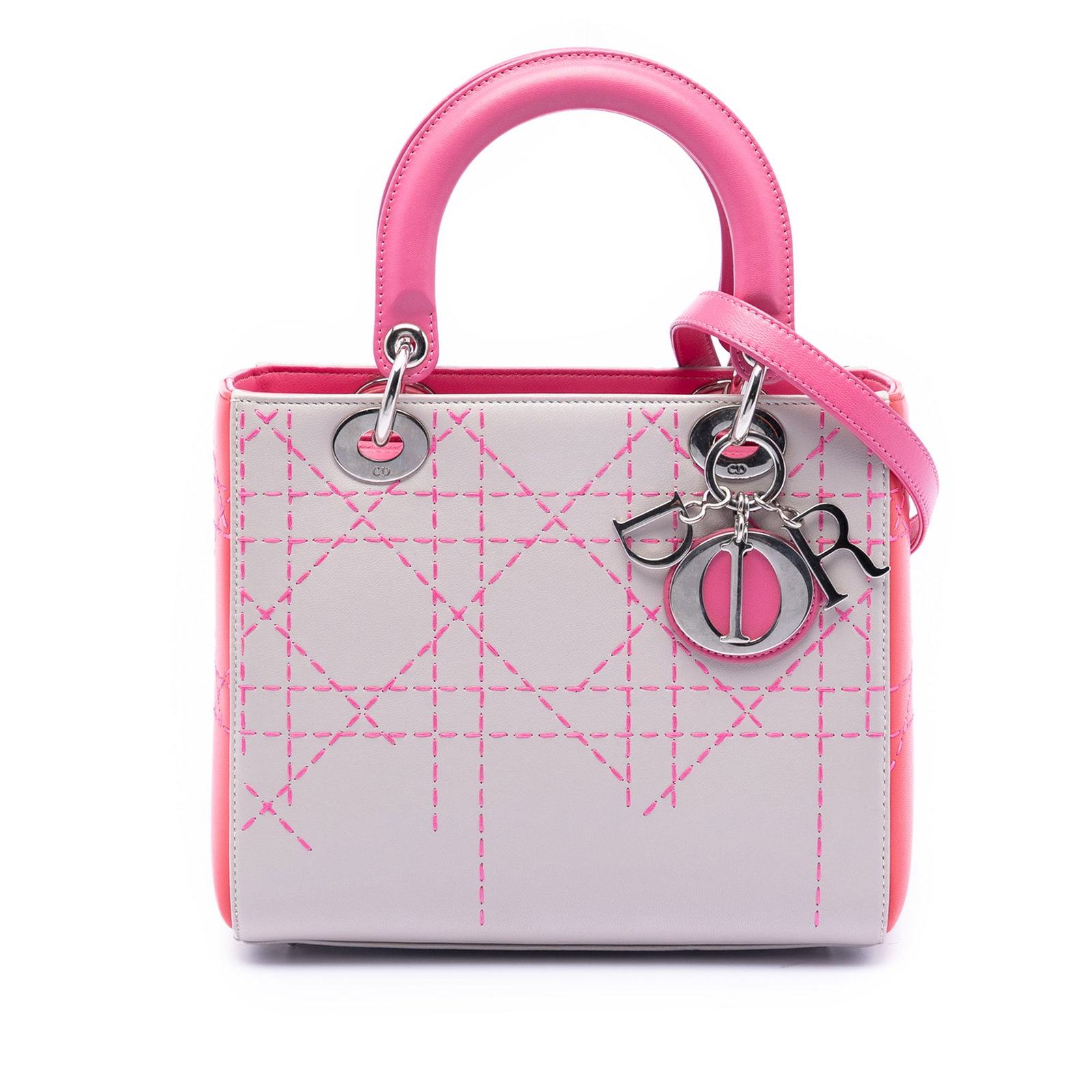 Dior Lady Dior Medium Macrocannage Tricolor Lambskin Shoulder Bag: Dior Lady Dior Medium Macrocannage Tricolor Lambskin Shoulder Bag This Lady Dior handbag showcases a tricolor lambskin leather design with macrocannage stitching. It features flat leather top handles,