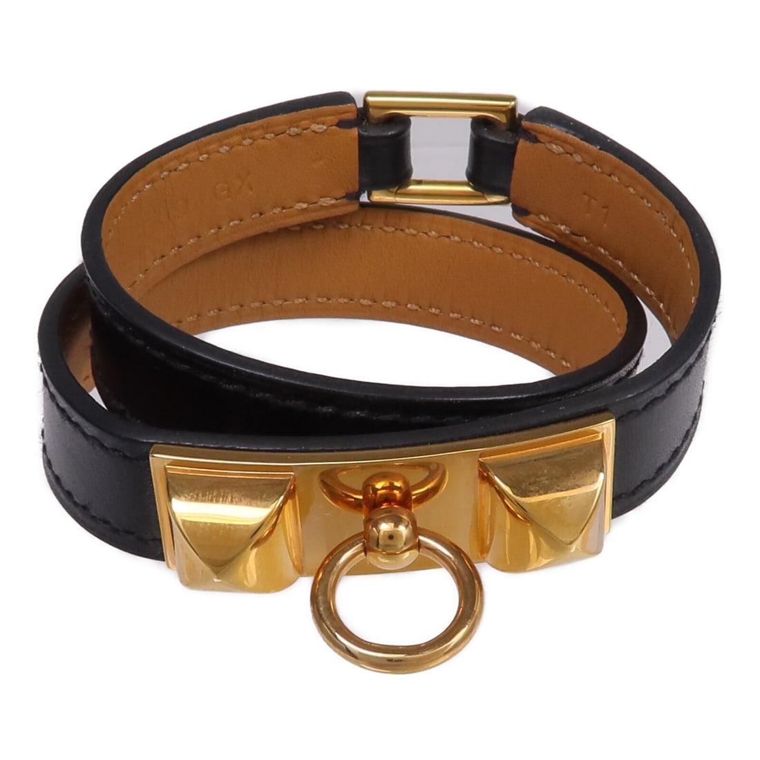 Hermes Rivale Double Tour Black Calfskin Women's Bracelet: Hermes Rivale Double Tour Black Calfskin Women's Bracelet This Hermes Rivale Double Tour bracelet is crafted from black box calf leather, designed for women. The bracelet features a sleek, double-wrap