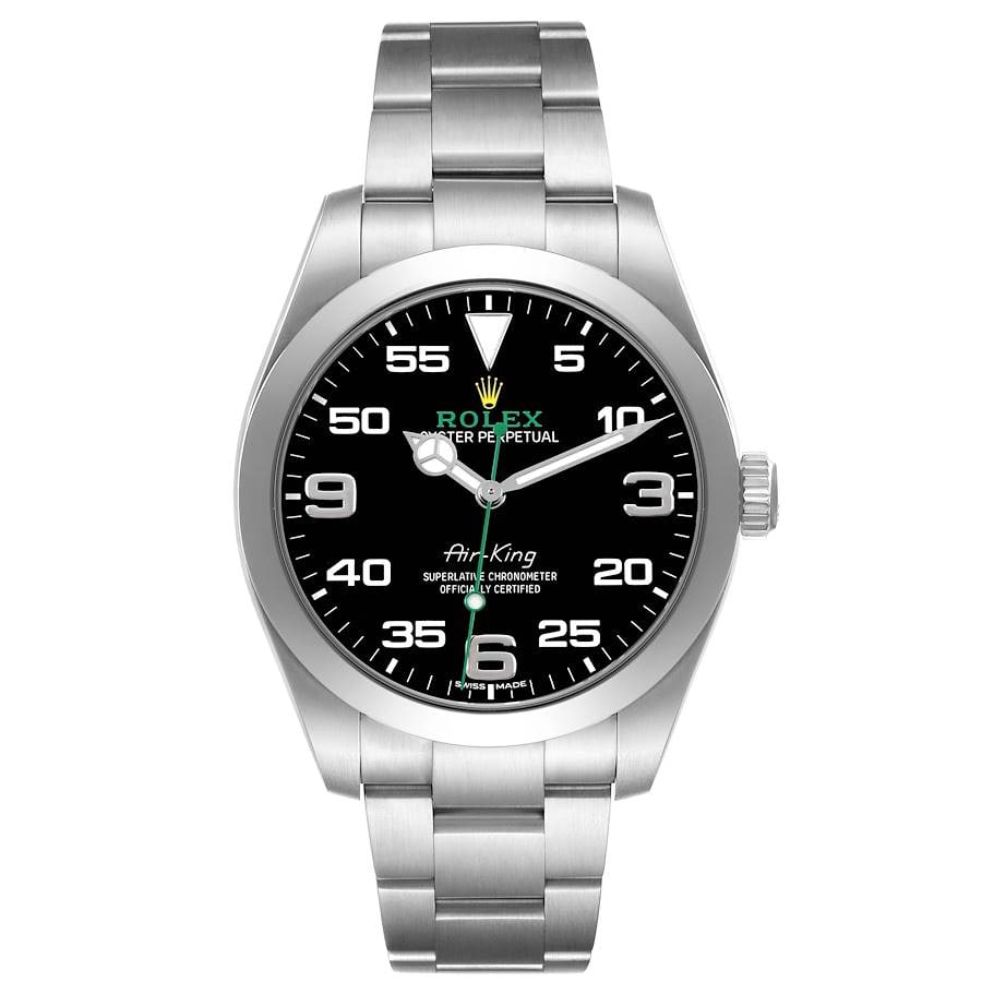 Rolex Air King 116900 Black Dial Oyster Bracelet Green Card 2020: Rolex Air King 116900 Black Dial Oyster Bracelet Green Card 2020 This Rolex Airking features a black dial and is paired with a smooth bezel and an Oyster bracelet. The watch is identified by reference