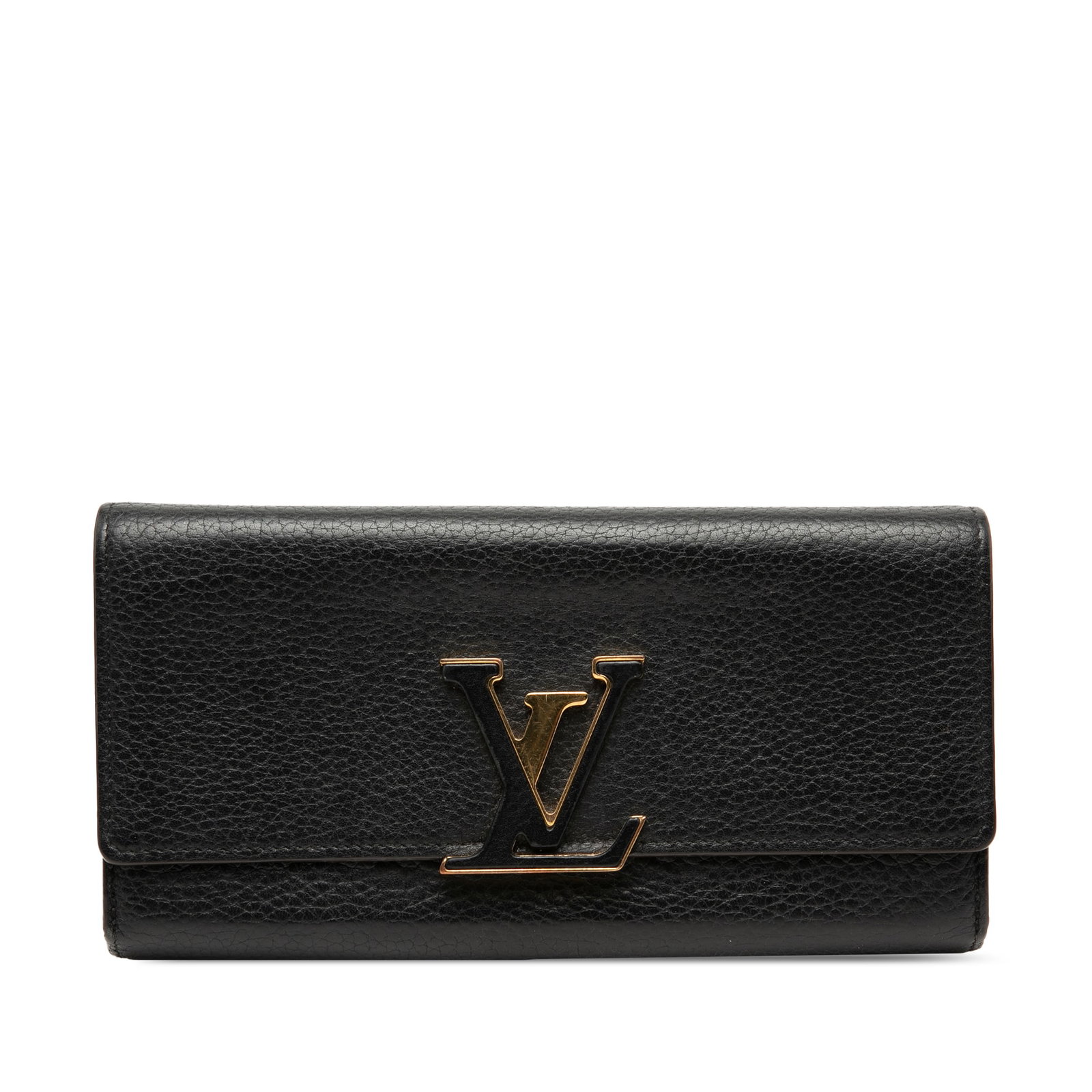 Louis Vuitton Capucines black leather long wallet: Louis Vuitton Capucines black leather long wallet This Louis Vuitton Taurillon Capucines Long Wallet is crafted from leather and features a front flap with a magnetic snap closure. The interior is des