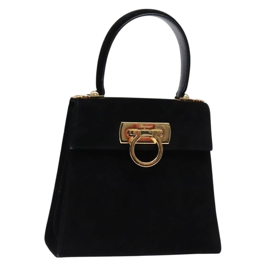 Salvatore Ferragamo Black Suede Hand Bag with Gold Details Auth SW1248: Salvatore Ferragamo Black Suede Hand Bag with Gold Details Auth SW1248 This elegant Salvatore Ferragamo hand bag combines luxurious suede material in a striking black and gold color scheme. Crafted in