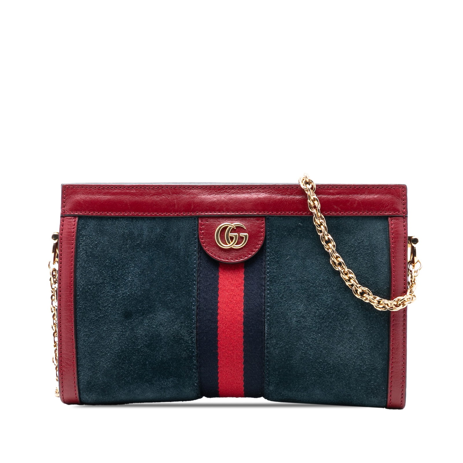 Gucci Ophidia Blue Suede Small Chain Crossbody Bag with Patent Trim: Gucci Ophidia Blue Suede Small Chain Crossbody Bag with Patent Trim This Gucci Small Suede Ophidia Chain Crossbody features a blue suede body with patent leather trim, a gold-tone chain link shoulder 