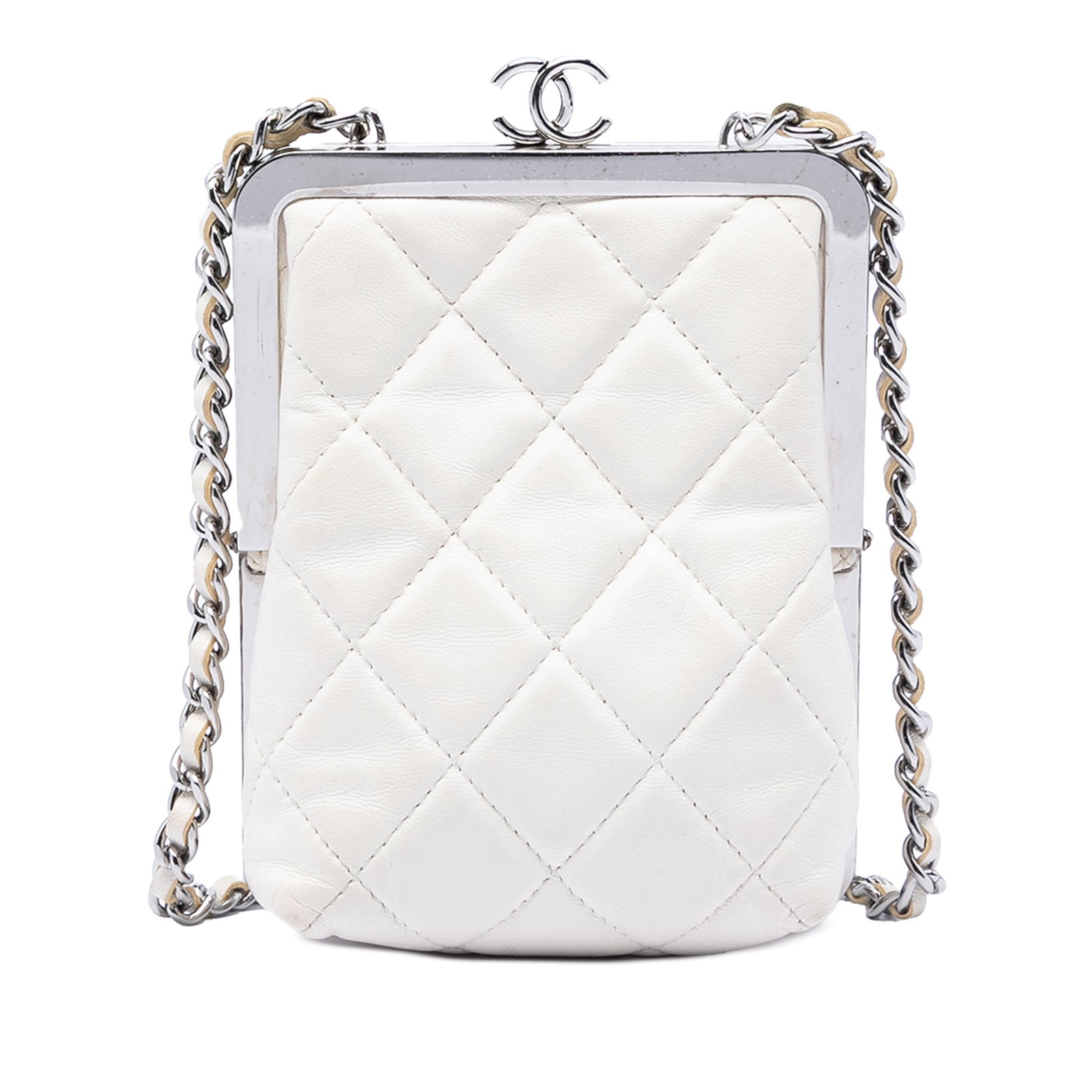 Chanel CC Quilted Lambskin Acrylic Evening Clutch with Chain: Chanel CC Quilted Lambskin Acrylic Evening Clutch with Chain This Chanel CC Quilted Acrylic and Lambskin Evening Clutch features a quilted lambskin leather and acrylic body, complemented by a leather-