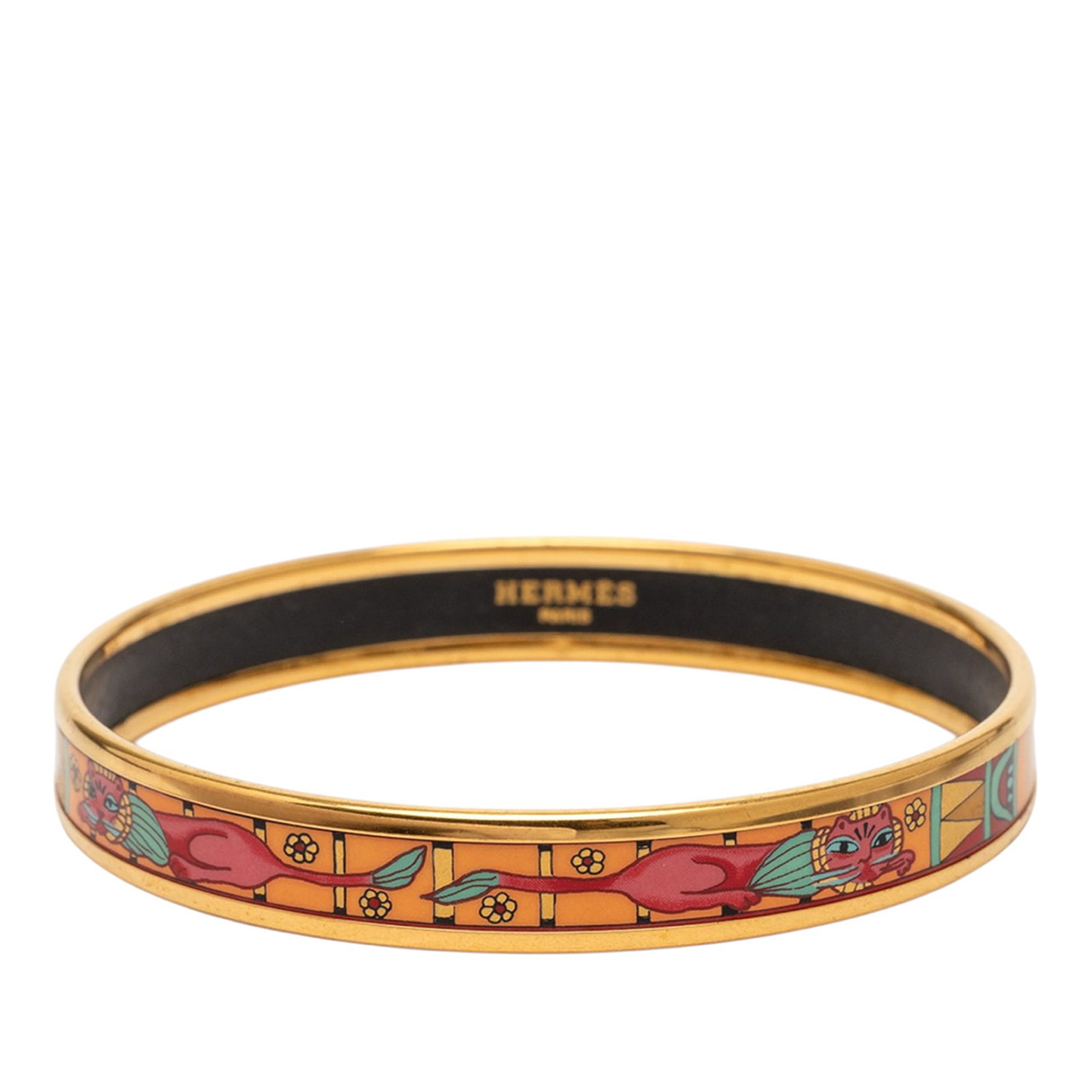 Hermes gold plated enamel bangle Narrow Animal Motif 62: Hermes gold plated enamel bangle Narrow Animal Motif 62 This Hermes Narrow Animal Motif Enamel Bangle 62 features a printed enamel design with gold-plated metal, offering a distinctive animal motif. T