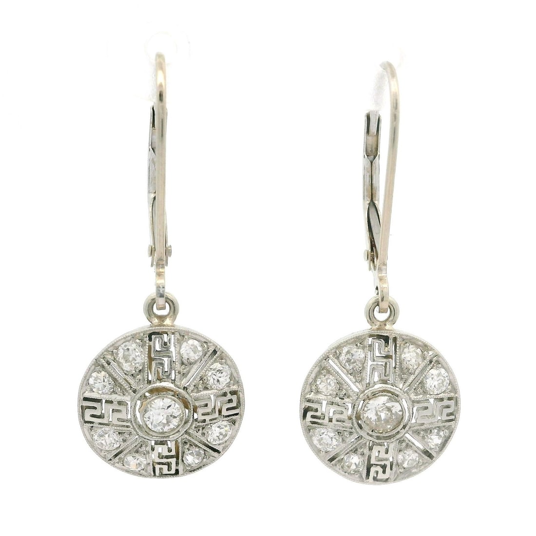 Edwardian Era Drop Earrings with Platinum Gold Greek Key Filigree and Diamonds: Edwardian Era Drop Earrings with Platinum Gold Greek Key Filigree and Diamonds These antique Edwardian drop earrings feature an elegant Greek Key filigree design, crafted with solid 900 platinum tops,