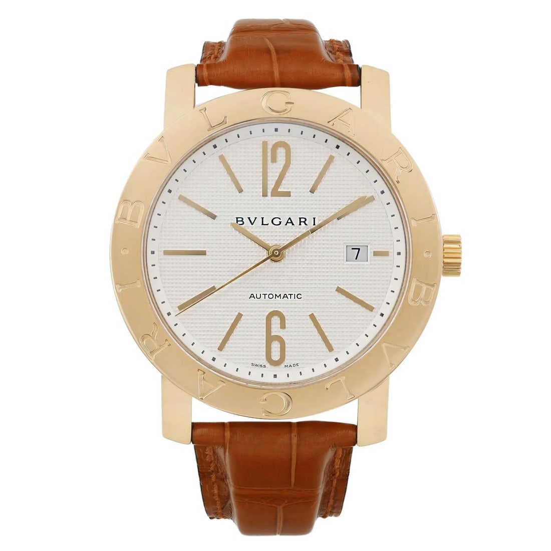 Bvlgari Diagono XL 42mm 18k Yellow Gold Watch with Leather Band: Bvlgari Diagono XL 42mm 18k Yellow Gold Watch with Leather Band Elevate your style with the Bvlgari Diagono XL, a luxurious men's wristwatch featuring a stunning 42mm round case crafted from 18k yello