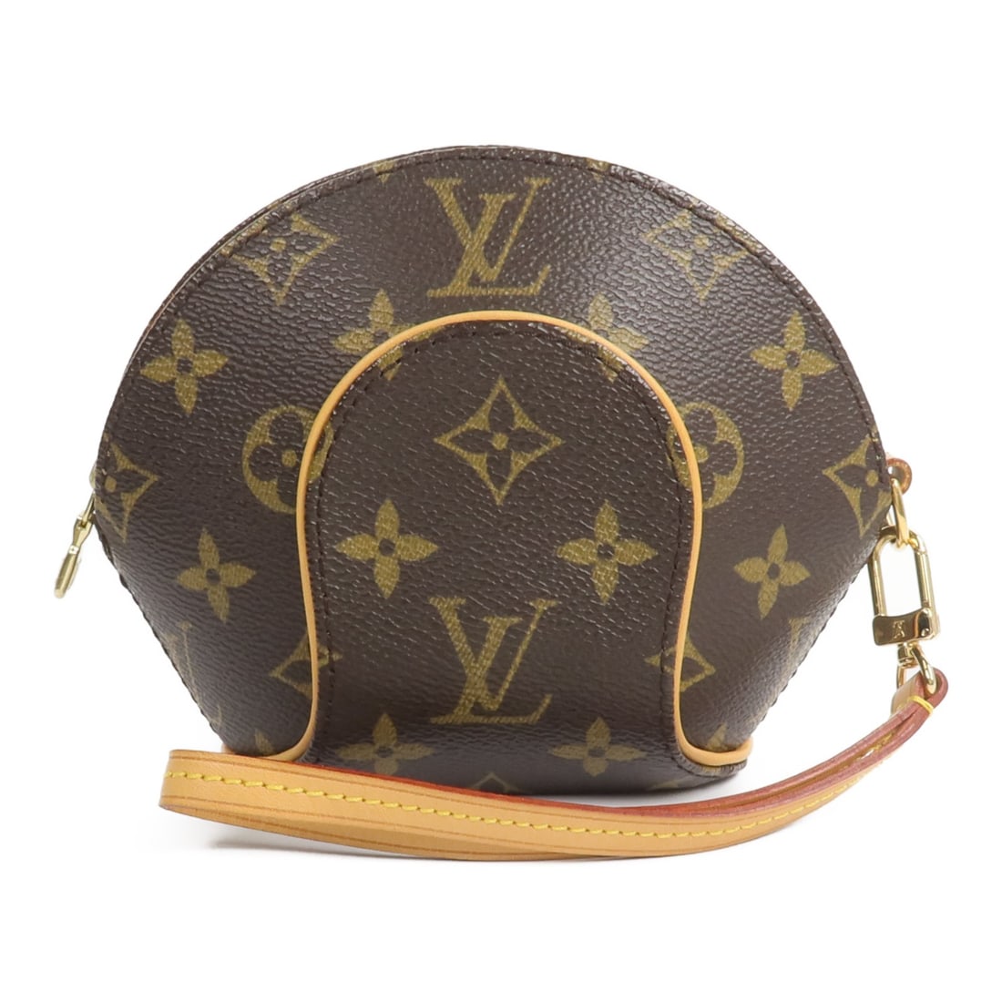 Louis Vuitton Mini Ellipse Monogram Brown Handle Pouch GHW M51129: Louis Vuitton Mini Ellipse Monogram Brown Handle Pouch GHW M51129 This Louis Vuitton Mini Ellipse Pouch features the classic monogram pattern in brown PVC coated canvas, complemented by gold-tone hard