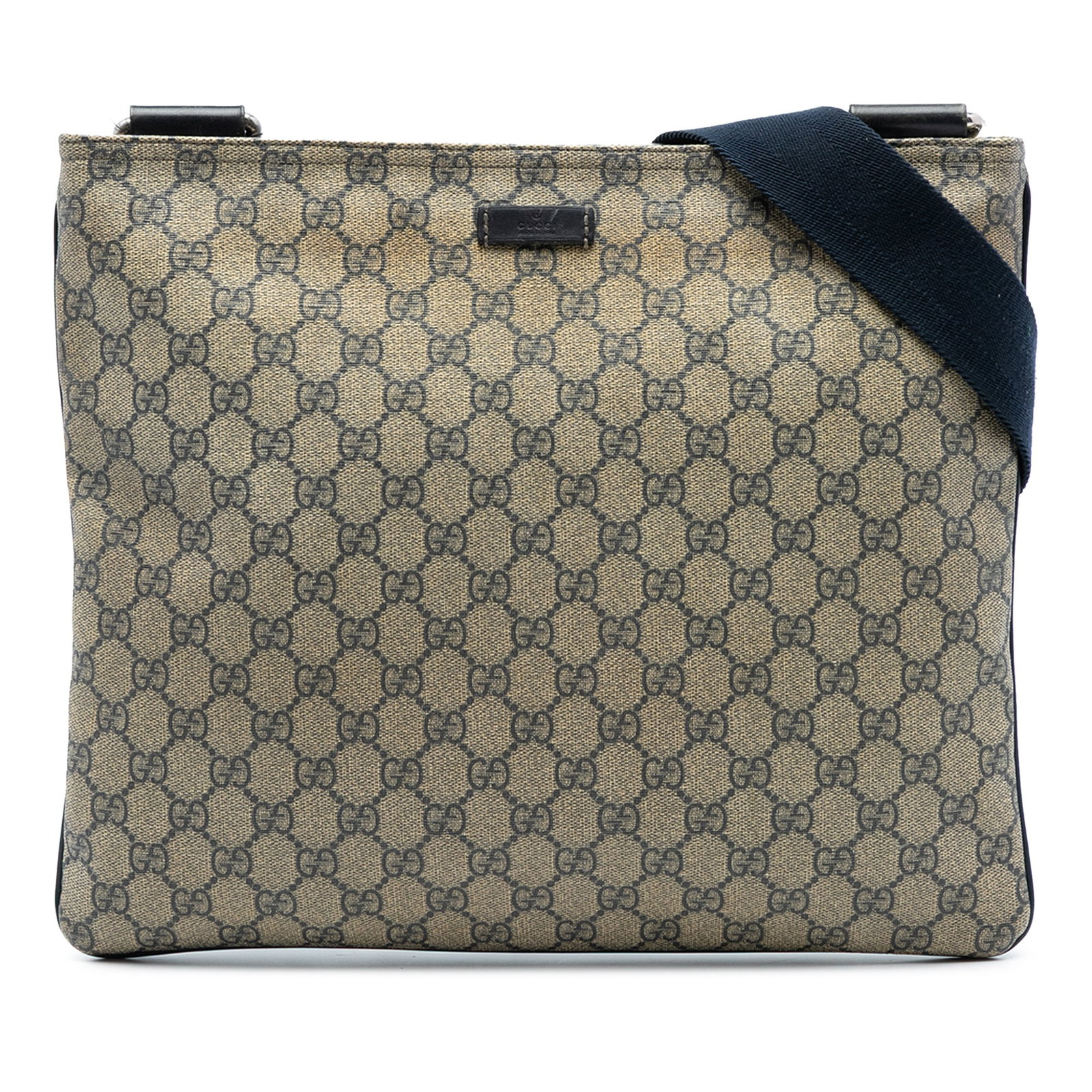 Beige GG Supreme Coated Canvas Crossbody Bag with Leather Trim by Gucci: Beige GG Supreme Coated Canvas Crossbody Bag with Leather Trim by Gucci This Gucci GG Supreme Crossbody bag features a coated canvas body with leather trim, an adjustable flat shoulder strap, a top zi