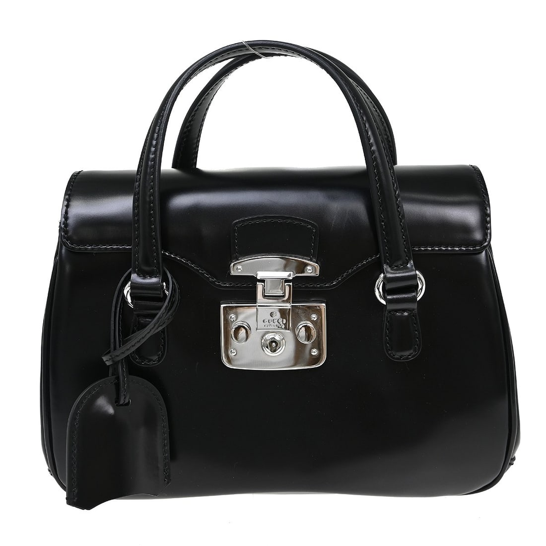 Gucci Lady Lock black leather satchel with dust bag and keys: Gucci Lady Lock black leather satchel with dust bag and keys This Gucci Lady Lock Satchel is crafted from black leather and features a structured silhouette. Designed for women, it offers a classic an